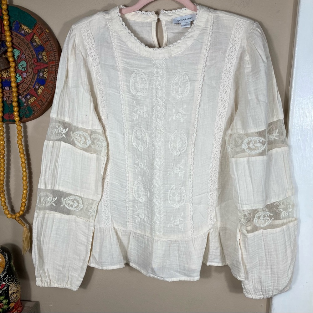 Calligraphie Cream Sheer Peplum Peasant  Lace Blouse Shirt Prarie Sz M